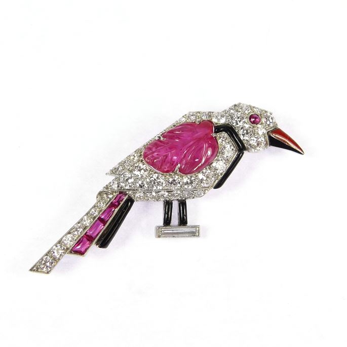   Cartier - Ruby, diamond and enamel geometric bird brooch | MasterArt